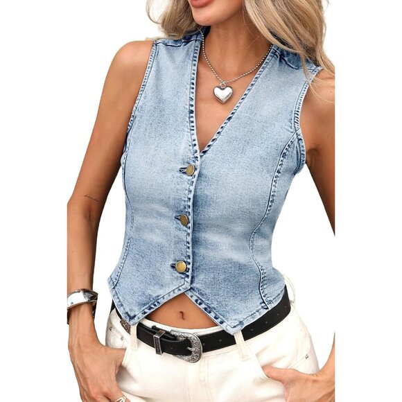 Tops - Women’s Cropped Denim Vest Cotton Blend Small Fitted Waist Versatile Summer